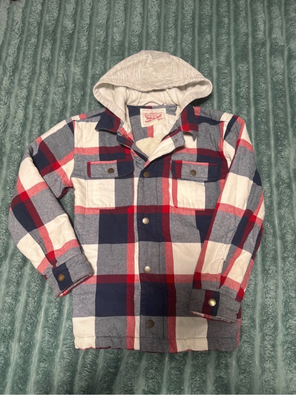Levi's Red, Navy & White Plaid Hooded Flannel Jacket